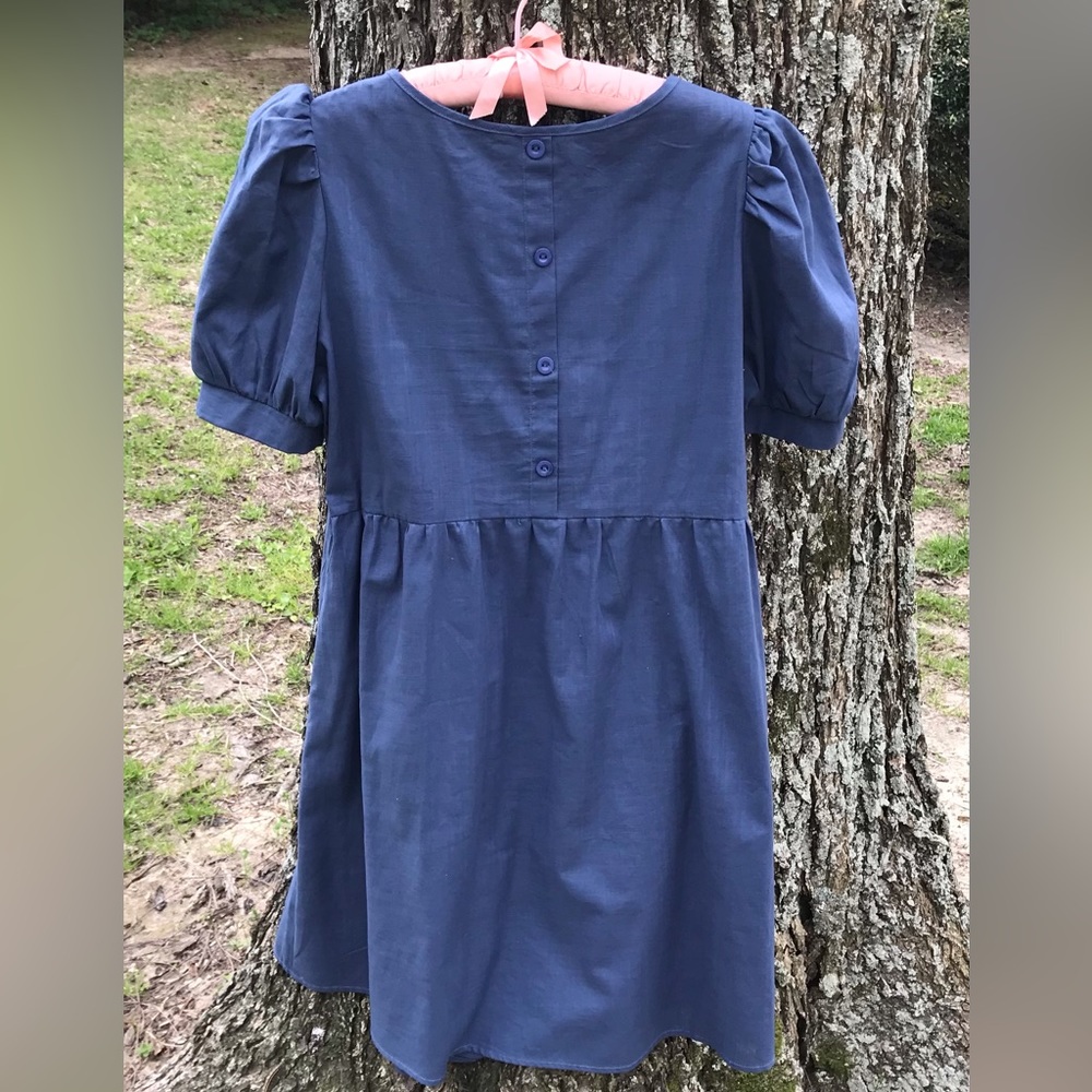 Emory Rose Navy Blue puff sleeve linen dress size Large - Picture 2 of 3
